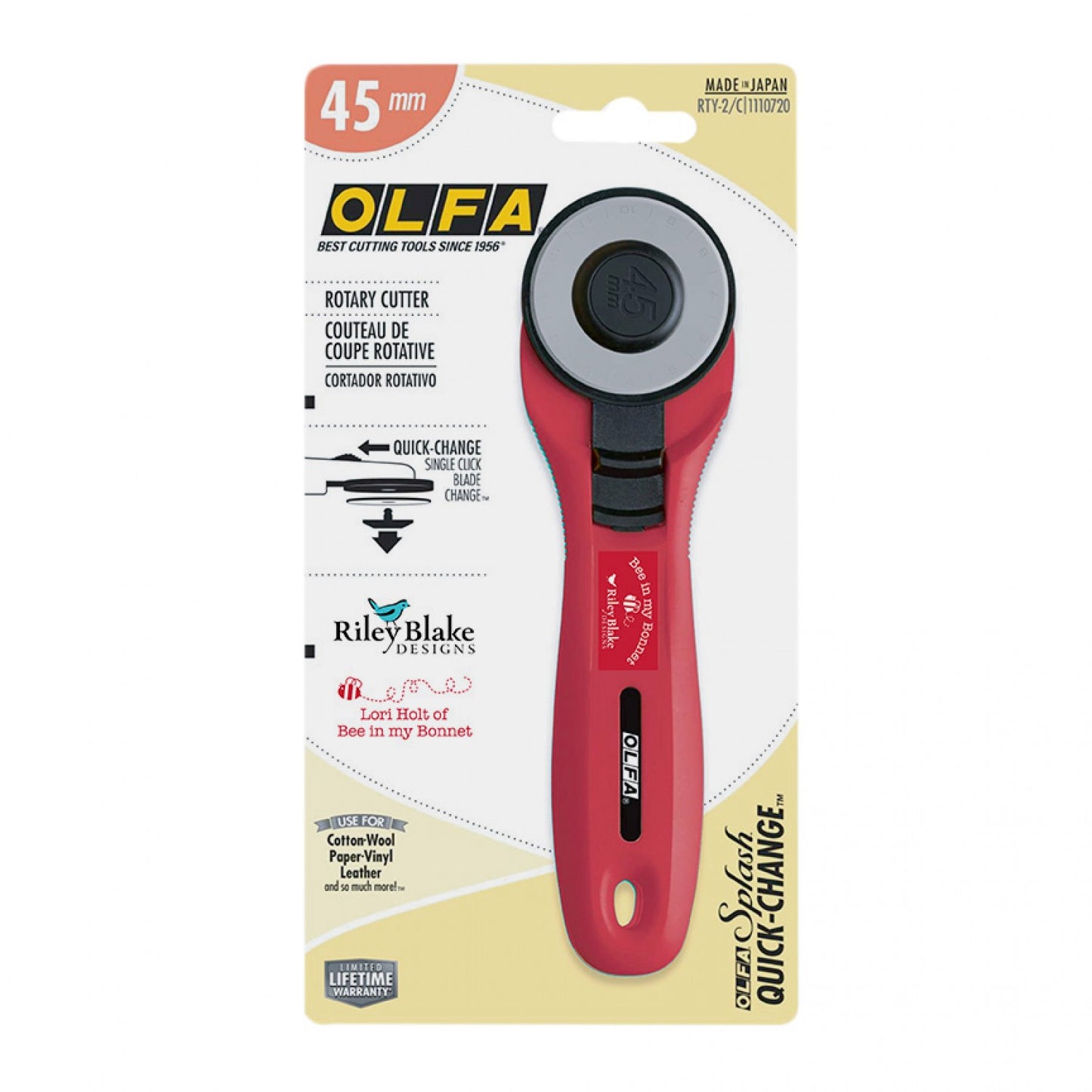 The Olfa Quick Change 45mm Rotary Cutter is the best option for quick fabric cutting in all of your sewing, quilting and crafting projects. The popular 45mm blade is manufactured with tungsten steel for a long lasting sharp edge. Featuring Lori Holt's signature red color. Easily cuts through up to 8 layers of cotton fabric at a time. A comfortable contoured rotary handle. Anti-slip textured grooves on either side of the handle for a safe and secure grip.