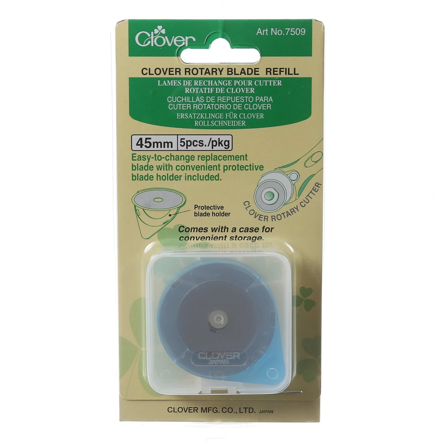 Clover Rotary Cutter Blade Refills make changing the blades safe, quick and easy. Blade comes in a protective cover for safe handling. 45 mm. 5 pc.