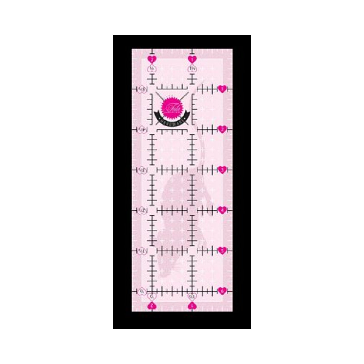 Tula Pink 2.5in x 6.5in Mouse Cutting Ruler is a US made ruler that features: nonslip coating, fuzzy cut and angle markings, 1/4in margins all around, two color markings with fine marking lines for accurate cutting, and clear center squares for accuracy.