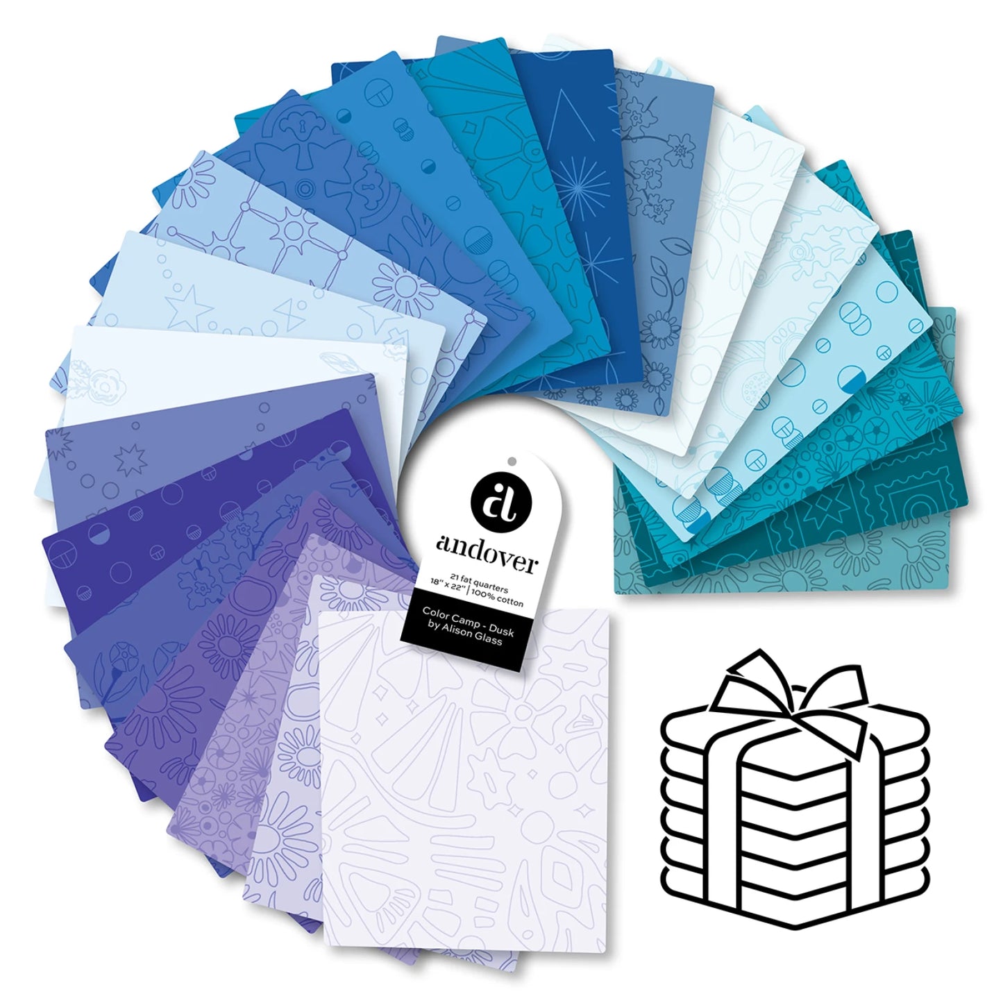 This Factory Cut FAT QUARTER BUNDLE contains 21 Fat Quarters in the Dusk Colorway from Color Camp by Alison Glass for Andover Fabrics.
Manufacturer: Andover Fabrics
Designer: Alison Glass
Collection: Color Camp
Material: 100% Cotton
Weight: Quilting