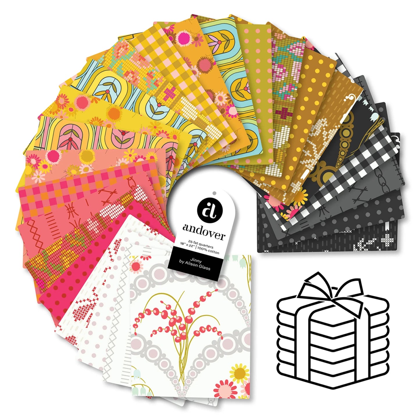 This Factory Cut FAT QUARTER BUNDLE contains 25 Fat Quarters from Jinny by Alison Glass for Andover Fabrics.
Manufacturer: Andover Fabrics
Designer: Alison Glass
Collection: Jinny
Material: 100% Cotton
Weight: Quilting