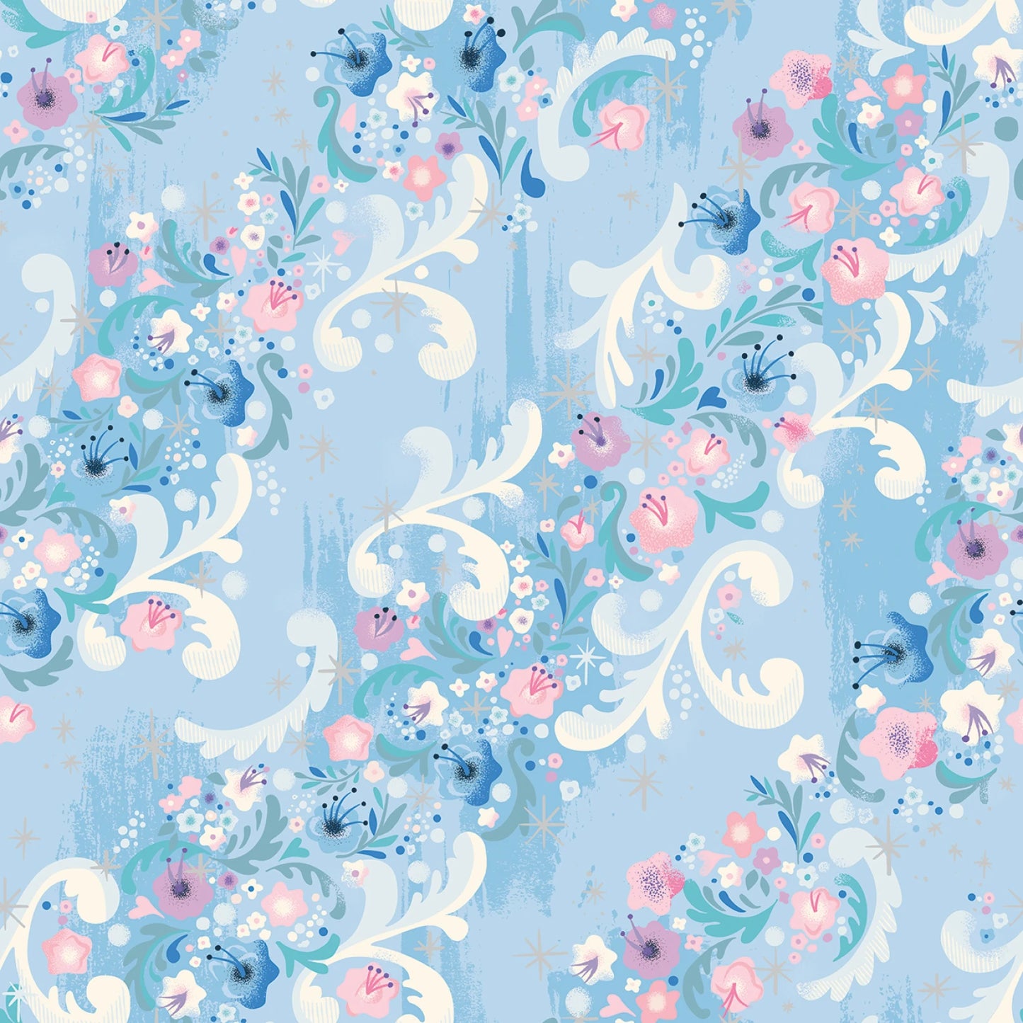 Manufacturer: Riley Blake Designs
Designer: Jill Howarth
Collection: Wishes
Print Name: Cindy's Flowers in Frost Sparkle
Material: 100% Cotton
Weight: Quilting
SKU: C18074R-FROST
Width: 44 inches