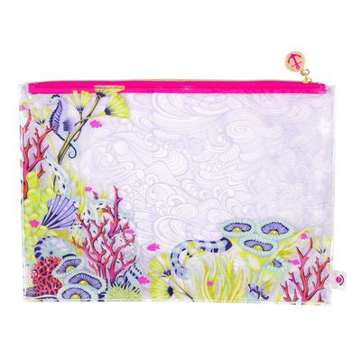 The Tula Pink Floral Reef Medium Zip Project Bag measures at 14" x 10" with gusset.
