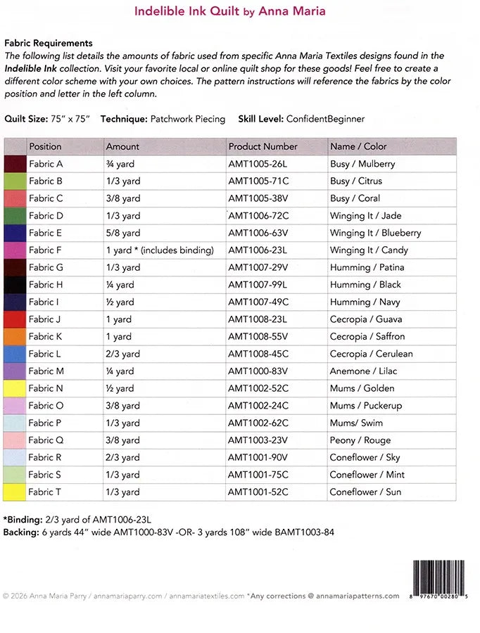 Anna Maria Textiles - Indelible Ink - Indelible Ink Quilt PATTERN