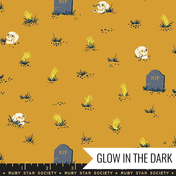 Manufacturer: Ruby Star Society Designer: Ruby Star Society Collection: Tiny Frights Print Name: Graveyard in Cactus Glow in the Dark Material: 100% Cotton Weight: Quilting  SKU: RS5122 11G Width: 44 inches