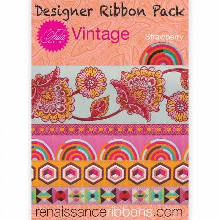 This is a limited edition of the best jacquard woven ribbons designed by Tula Pink for Renaissance Ribbons over the last 10 years, it includes designs from the discontinued collections of Spirit Animal, Moonshine, Chipper, Slow and Steady and Prince Charming in the original color ways. Each Pack contains 5 magnificent and detailed woven jacquard ribbons in widths from 3/8” to 2”. The designs are whimsical and intricate the colors are fun and bright, and the woven texture brings them all to life!