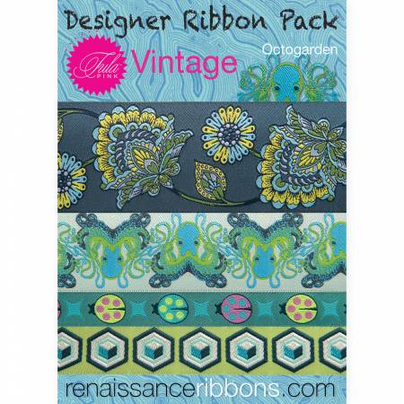 This is a limited edition of the best jacquard woven ribbons designed by Tula Pink for Renaissance Ribbons over the last 10 years, it includes designs from the discontinued collections of Spirit Animal, Moonshine, Chipper, Slow and Steady and Prince Charming in the original color ways. Each Pack contains 5 magnificent and detailed woven jacquard ribbons in widths from 3/8” to 2”. The designs are whimsical and intricate the colors are fun and bright, and the woven texture brings them all to life!