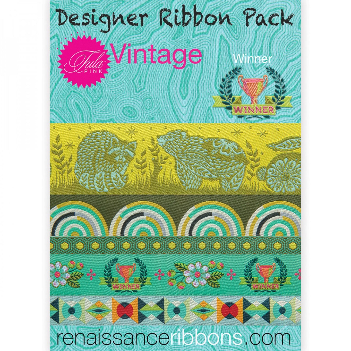 This is a limited edition of the best jacquard woven ribbons designed by Tula Pink for Renaissance Ribbons over the last 10 years, it includes designs from the discontinued collections of Spirit Animal, Moonshine, Chipper, Slow and Steady and Prince Charming in the original color ways. Each Pack contains 5 magnificent and detailed woven jacquard ribbons in widths from 3/8” to 2”. The designs are whimsical and intricate the colors are fun and bright, and the woven texture brings them all to life!