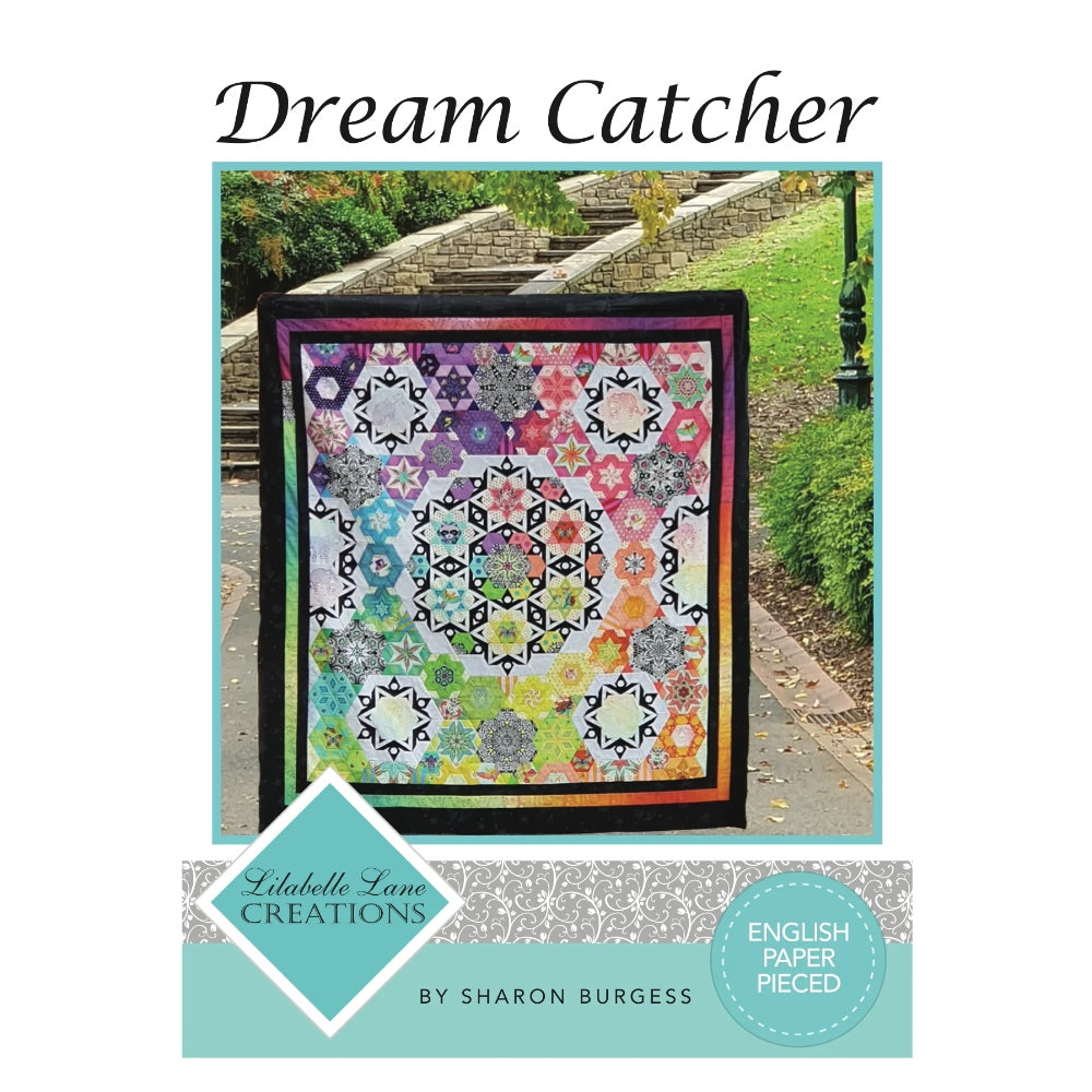“Dream Catcher” is a modern style, English Paper Pieced Medallion Quilt made from a mix of smaller hexagon and diamond units that come together with larger feature units that offer plenty of fussy cutting opportunities. EPP Kit – Includes the Pattern, Templates (9) and all the precision cut papers needed to complete the project. Fabric not included. Finished size – approx. 60” x 65”