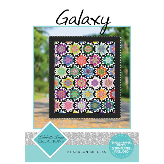 The “Galaxy Quilt” is a bold EPP Quilt that will take you on a journey into the wonderful world of fussy cutting.  The “Galaxy” pattern comes presented in a full colour A5 booklet and is full easy to understand colour diagrams and photos as well as a colouring sheet to allow the maker to allow their creativity to inspire their own “Galaxy” journey.  Includes the Pattern, Templates x 5 and all the required papers to complete the project.  Fabric Not Included.  Finished size – approx. 65” x 55”.