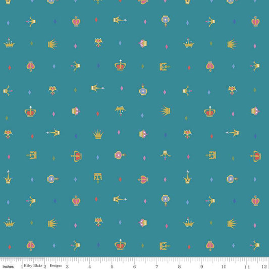 Manufacturer: Riley Blake Designs Designer: Jill Howarth Collection: Little Brier Rose Print Name: Crowns in Teal Sparkle Material: 100% Cotton  Weight: Quilting  SKU: SC11075-TEAL