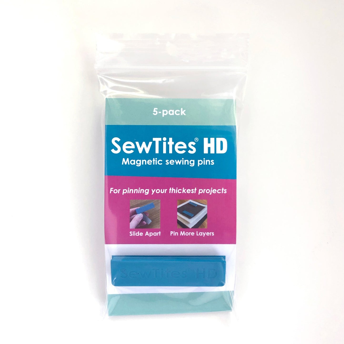 SewTites HDs are a magnetic pin for your thickest projects! Even stronger and bigger than our original SewTites, these babies will do what you never thought possible! SewTites HD Dimensions: 2.125in x .5625in (54 x 14.5 mm). Color: Blue Made of: Plastic and Metal Use: Magnetic Sewing pins Size: 2.125in x .5625in Included: 5 magnets per package