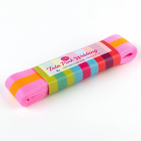 Tula Pink striped Nylon Webbing - 1.5in wide - Bright Soft Pink and Tangerine Orange - A game Changer in Bag Making! Color: Purple and Pink Size: 1.5in x 2yds Use: Bag Making Included: 2 yds bundle