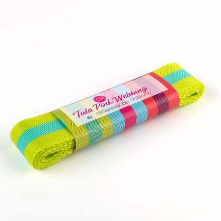 Tula Pink striped Nylon Webbing - 1.5in wide - Tula Special: Lime and Turquoise - A game Changer in Bag Making! Color: Lime and Turquoise Size: 1.5in x 2yds Use: Bag Making Included: 2 yds bundle
