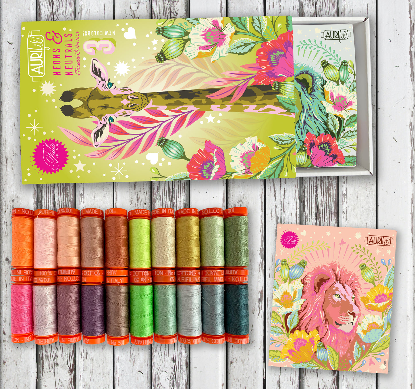 Tula Pink Neons and Neutrals small spool 50 wt collection (20). Designed to coordinate with the Everglow fabric collection. 7000 (neon orange), 2410, 2420, 2375, 6728, 7001 (neon yellow), 2310, 2920, 2908, 5019, 7002 (neon pink), 2564, 2566, 6735, 6731, 6737, 5014, 2600, 2610, 1310.