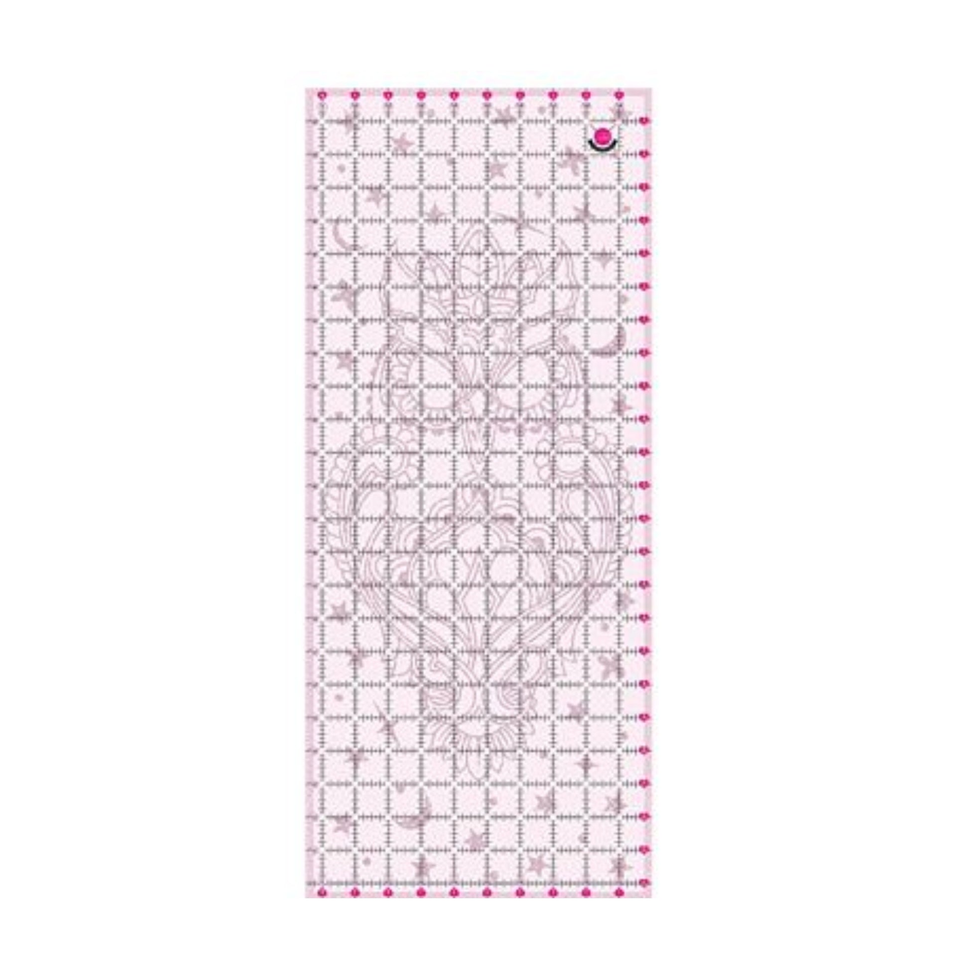 ula Pink 10.5in x 24.5in Owl Cutting Ruler is a US made ruler that features: nonslip coating, fuzzy cut and angle markings, 1/4in margins all around, two color markings with fine marking lines for accurate cutting, and clear center squares for accuracy.