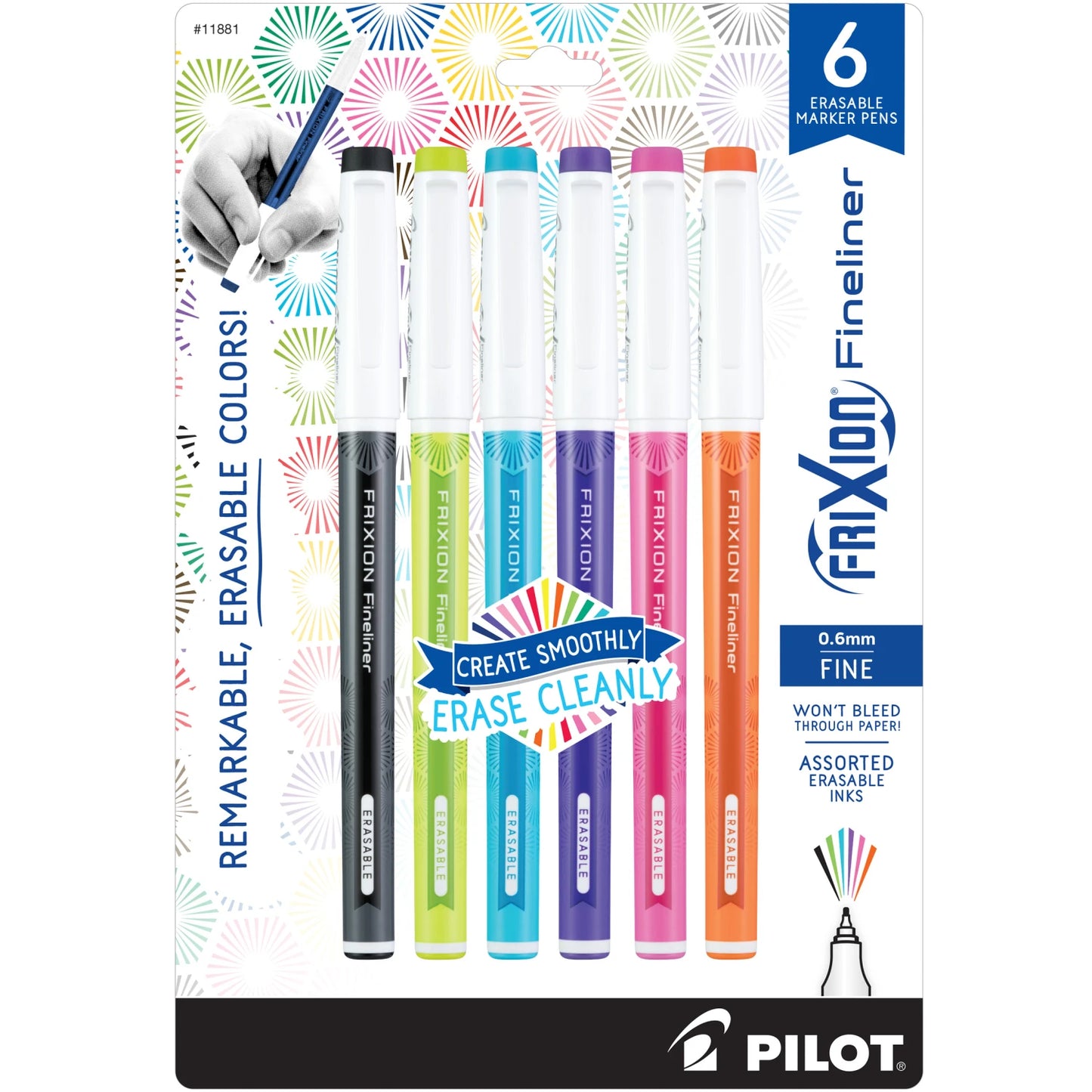 Frixion Fineliner 6pk Assorted Colors. Innovative, new marker pens let you write, draw, erase and revise repeatedly without damaging documents. Quick-drying ink won’t bleed through paper. Delivers colorful, crisp and erasable lines in 6 remarkable shades. Unique, thermo-sensitive ink formula disappears completely with erasing friction.