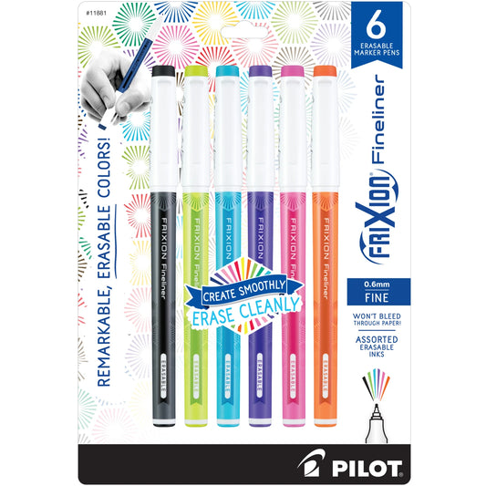 Frixion Fineliner 6pk Assorted Colors. Innovative, new marker pens let you write, draw, erase and revise repeatedly without damaging documents. Quick-drying ink won’t bleed through paper. Delivers colorful, crisp and erasable lines in 6 remarkable shades. Unique, thermo-sensitive ink formula disappears completely with erasing friction.