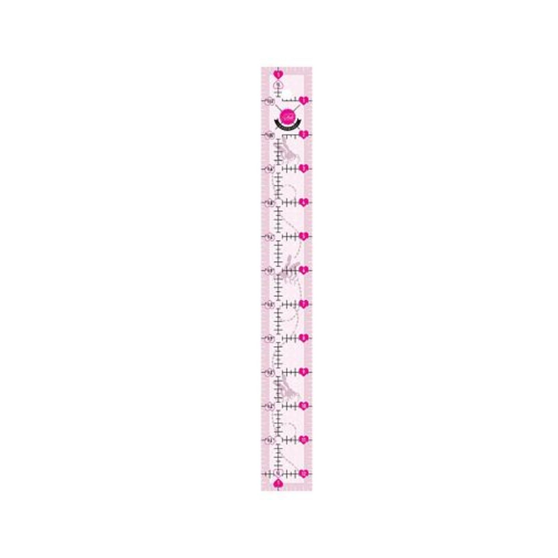 Tula Pink 1.5in x 12.5in Bee Cutting Ruler is a US made ruler that features: nonslip coating, fuzzy cut and angle markings, 1/4in margins all around, two color markings with fine marking lines for accurate cutting, and clear center squares for accuracy.