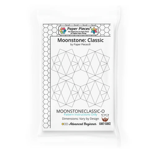 Moonstone Classic Pattern  In the classic version of this quilt, the blocks are joined together by Piece A Filler Octagons and Piece B Filler Diamonds. The beauty of Moonstone lies in the way that you lay out your blocks and the way you choose your fabrics.  Each of the different versions provides block, filler shape, and basic fabric requirements, as well as a line diagram so that you can plan your layout and fabric placement. .  