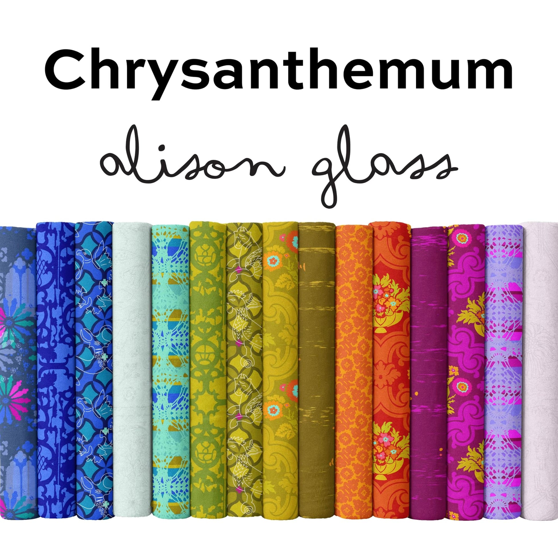 This HALF YARD BUNDLE contains 24 quilting cotton prints from Chrysanthemum by Alison Glass for Andover Fabrics  Manufacturer: Andover Fabrics Designer: Alison Glass Collection: Chrysanthemum Material: 100% Cotton Weight: Quilting