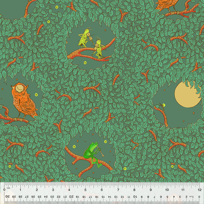 Manufacturer: Windham Fabrics Designer: Heather Ross Collection: Forestburgh Print Name: Night Music in Leaf Material: 100% Cotton  Weight: Quilting  SKU: 53846-5 Width: 44 inches