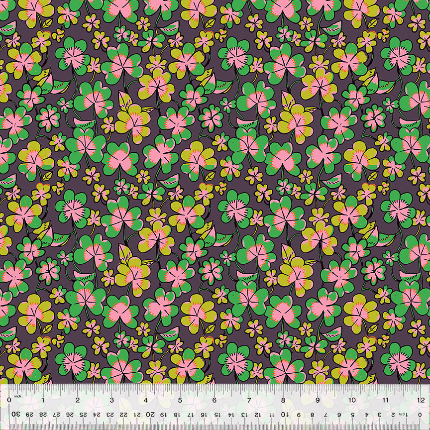 Manufacturer: Windham Fabrics Designer: Heather Ross Collection: Forestburgh Print Name: Clover in Eggplant Material: 100% Cotton  Weight: Quilting  SKU: 53847-9 Width: 44 inches