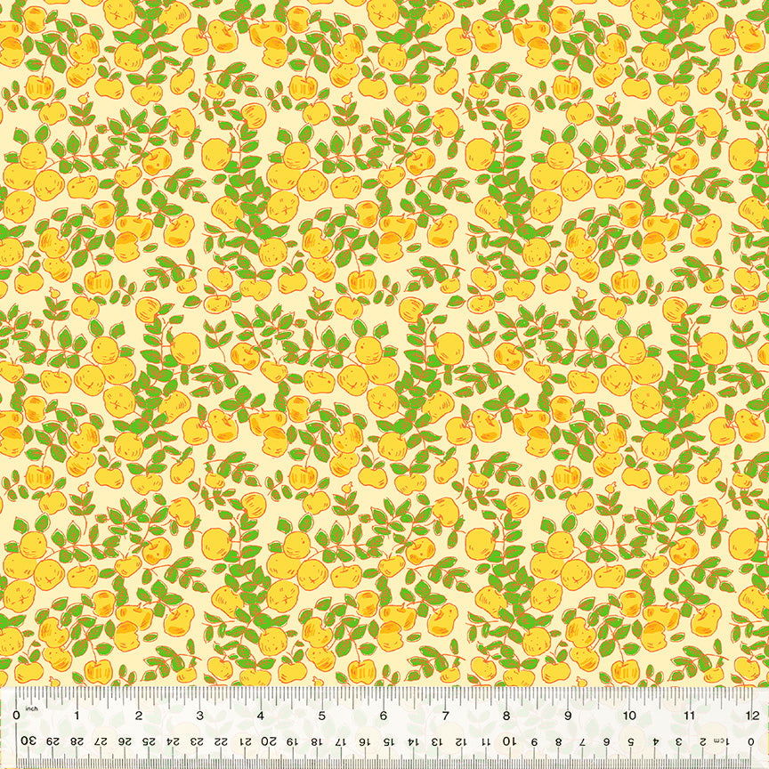 Manufacturer: Windham Fabrics Designer: Heather Ross Collection: Forestburgh Print Name: Apples in Yellow Material: 100% Cotton  Weight: Quilting  SKU: 53849-17 Width: 44 inches