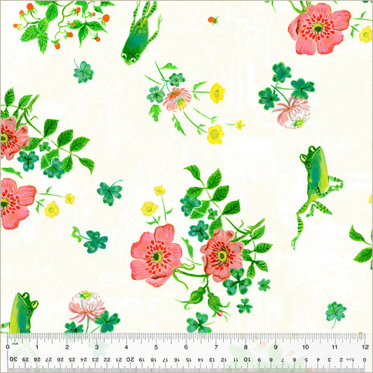 Manufacturer: Windham Fabrics Designer: Heather Ross Collection: By Hand Print Name: Frog Spring in White Material: 100% Cotton  Weight: Quilting  SKU: 54549D-1 Width: 44 inches