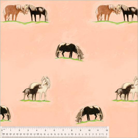 Manufacturer: Windham Fabrics Designer: Heather Ross Collection: By Hand Print Name: Ponies in Peach CANVAS Material: 100% Cotton CANVAS Weight: Quilting  SKU: 54264C-1 Width: 44 inches
