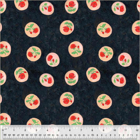 Manufacturer: Windham Fabrics Designer: Heather Ross Collection: By Hand Print Name: Rose Cameo in Night CANVAS Material: 100% Cotton CANVAS Weight: Quilting  SKU: 54261C-1 Width: 44 inches