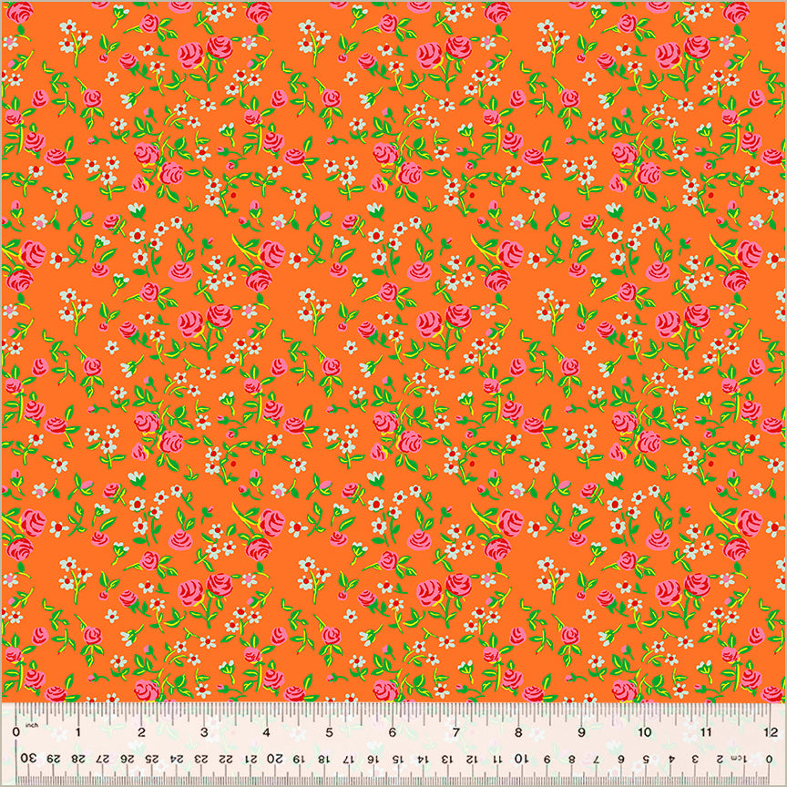 Manufacturer: Windham Fabrics Designer: Heather Ross Collection: By Hand Print Name: Mousy Floral in Tangerine Material: 100% Cotton  Weight: Quilting  SKU: 54255D-7 Width: 44 inches