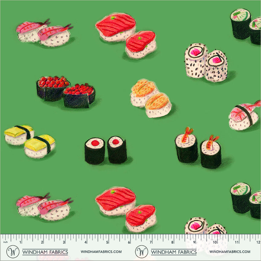 Manufacturer: Windham Fabrics
Designer: Heather Ross
Collection: Market
Print Name: Sushi in Green COTTON LAWN
Material: 100% Cotton Lawn
Weight: Quilting
SKU: 55797L-2
Width: 44 inches