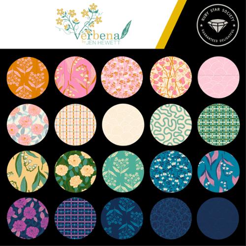 This FAT QUARTER BUNDLE contains 28 quilting cotton prints from Verbena by Jen Hewitt for Ruby Star Society.  Manufacturer: Ruby Star Society Designer: Jen Hewitt Collection: Verbana Material: 100% Cotton  Weight: Quilting