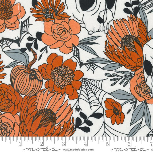 Manufacturer: Moda Fabrics Designer: Alli K Designs Collection: Noir Print Name: Haunted Garden in Ghost Pumpkin Material: 100% Cotton Weight: Quilting SKU: 11540-11 Width: 44 inches