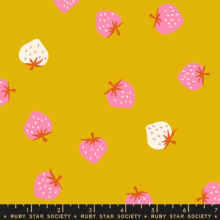 Manufacturer: Ruby Star Society Designer: Kimberly Kight Collection: Picture Book Print Name: Strawberry Toss in Goldenrod Material: 100% Cotton  Weight: Quilting  SKU: RS3071-14 Width: 44 inches