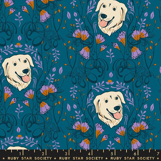 Manufacturer: Ruby Star Society Designer: Sarah Watts Collection: Dog Park Print Name: Golden Garden in Teal Material: 100% Cotton  Weight: Quilting  SKU: RS2093-12 Width: 44 inches