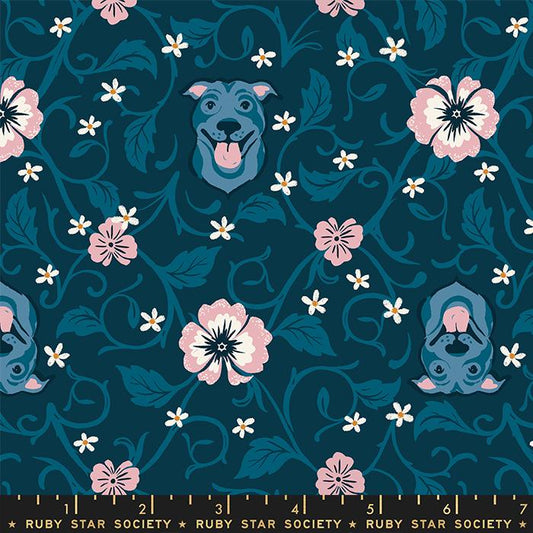 Manufacturer: Ruby Star Society Designer: Sarah Watts Collection: Dog Park Print Name: Pitbull in Teal Navy Material: 100% Cotton  Weight: Quilting  SKU: RS2095-14 Width: 44 inches