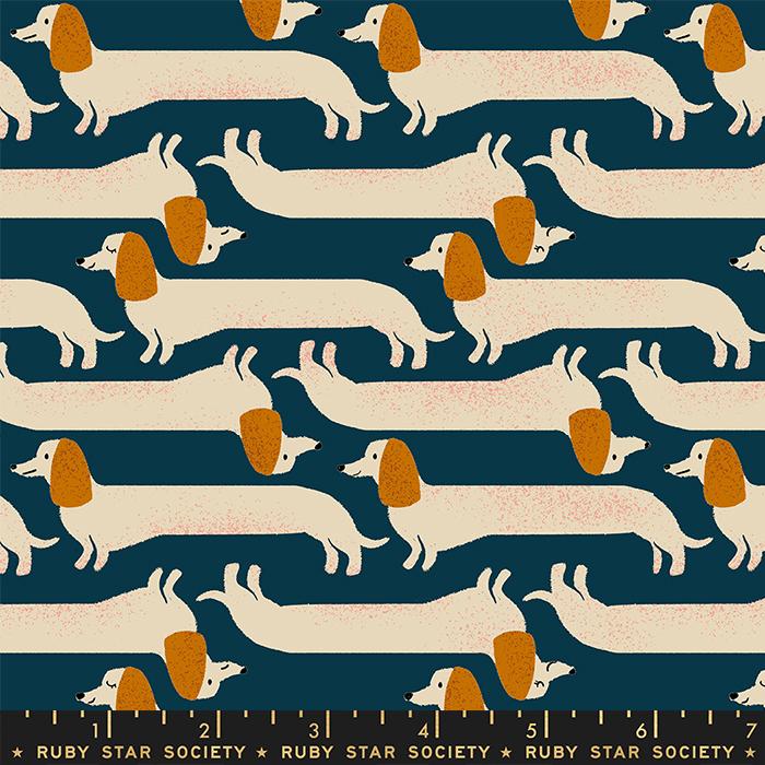 Manufacturer: Ruby Star Society Designer: Sarah Watts Collection: Dog Park Print Name: Long Dog in Teal Navy Material: 100% Cotton  Weight: Quilting  SKU: RS2096-13 Width: 44 inches