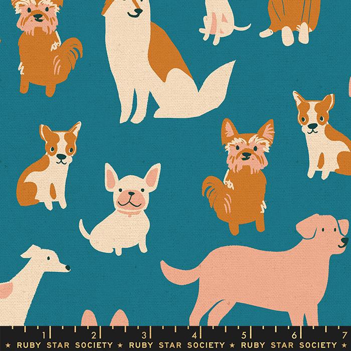 Manufacturer: Ruby Star Society Designer: Sarah Watts Collection: Dog Park Print Name: Dog Medley in Chambray CANVAS Material: 70% Cotton 30% Linen Weight: Quilting  SKU: RS2101-21L Width: 44 inches