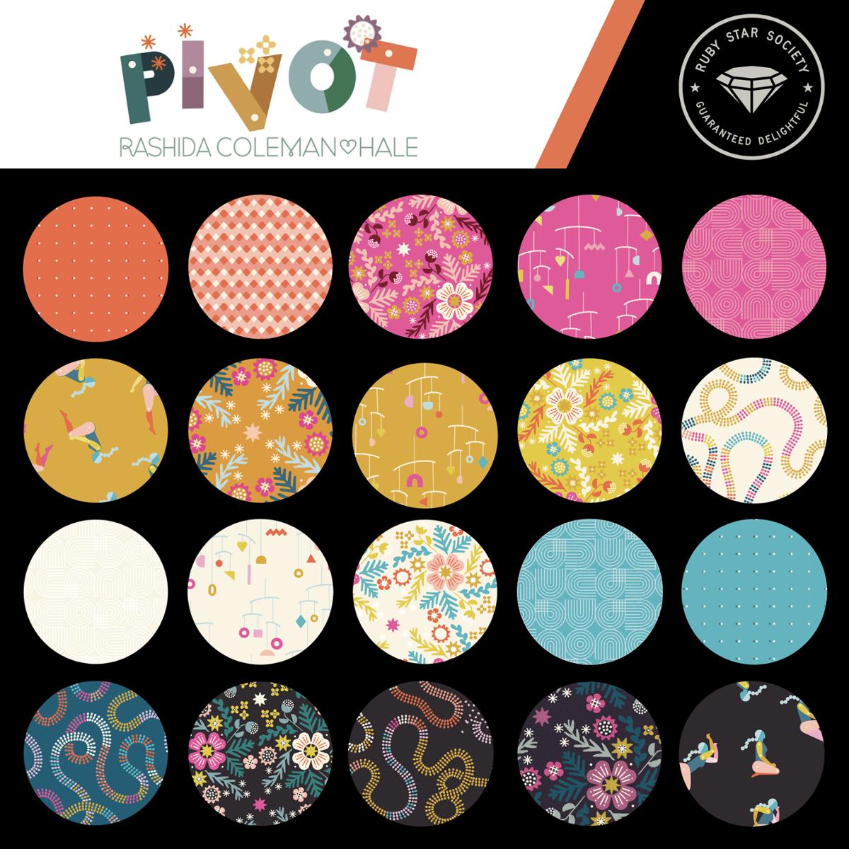 This FAT QUARTER BUNDLE contains 22 quilting cotton prints from Pivot by Rashida Coleman-Hale for Ruby Star Society.  Manufacturer: Ruby Star Society Designer: Rashida Coleman-Hale Collection: Pivot Material: 100% Cotton  Weight: Quilting