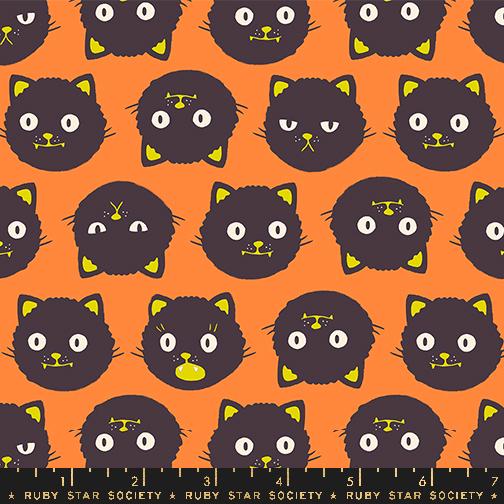 Manufacturer: Ruby Star Society Designer: Ruby Star Society Collection: Good Spirits Print Name: Scaredy Cats in Pumpkin Glow in the Dark Material: 100% Cotton Weight: Quilting  SKU: RS5137 12G Width: 44 inches