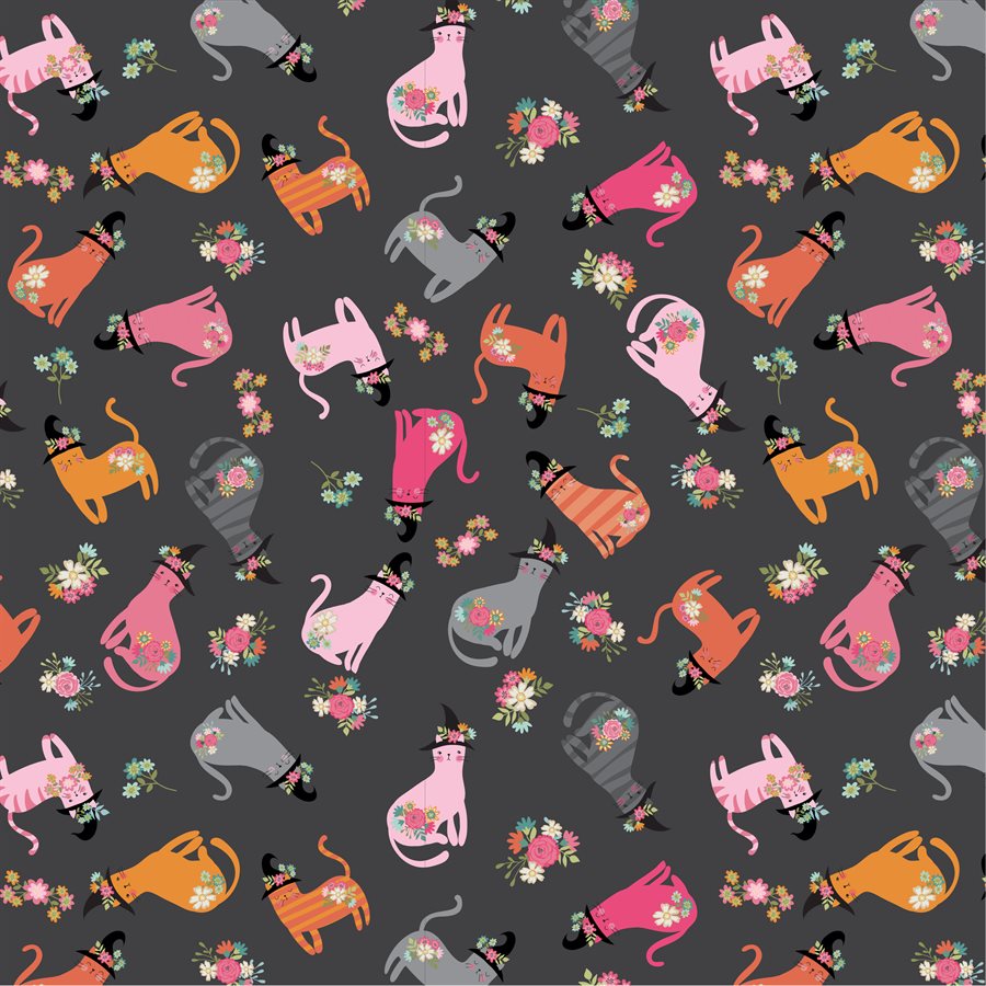 Manufacturer: Poppie Cotton Designer: Lori Woods Collection: Kittie Loves Candy Print Name: Cats in Hats in Black Material: 100% Cotton Weight: Quilting  SKU: KC23901 Width: 44 inches