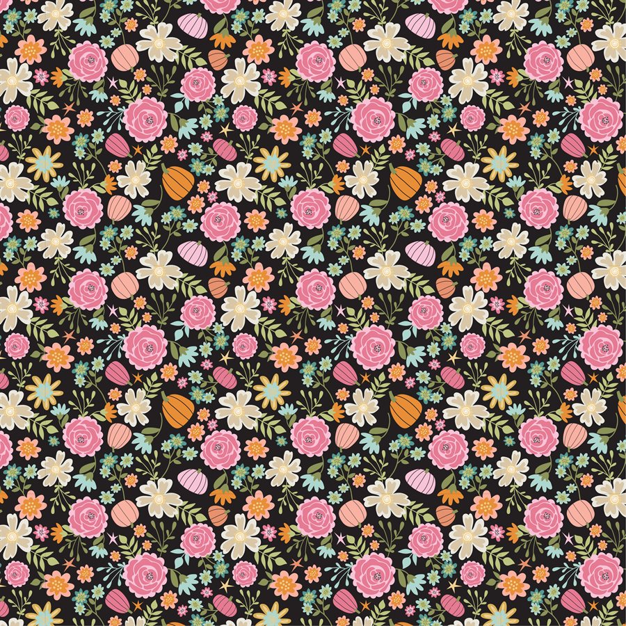 Manufacturer: Poppie Cotton Designer: Lori Woods Collection: Kittie Loves Candy Print Name: Pretty Pumpkins in Black Material: 100% Cotton Weight: Quilting  SKU: KC23916 Width: 44 inches