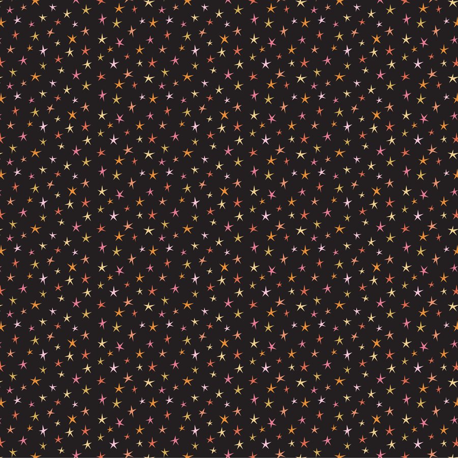 Manufacturer: Poppie Cotton Designer: Lori Woods Collection: Kittie Loves Candy Print Name: Sparkly Stars in Black Material: 100% Cotton Weight: Quilting  SKU: KC23918 Width: 44 inches