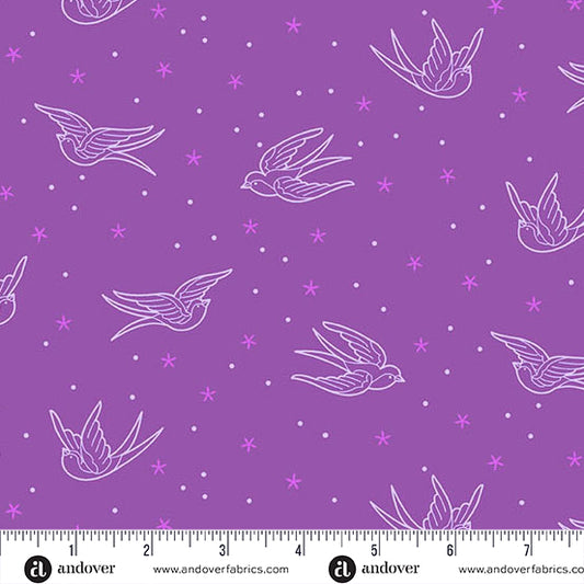 Manufacturer: Andover Fabrics
Designer: Libs Elliott
Collection: Perfect Day
Print Name: Swallows in Purple
Material: 100% Cotton
Weight: Quilting 
SKU: A-10218-P
Width: 44 inches