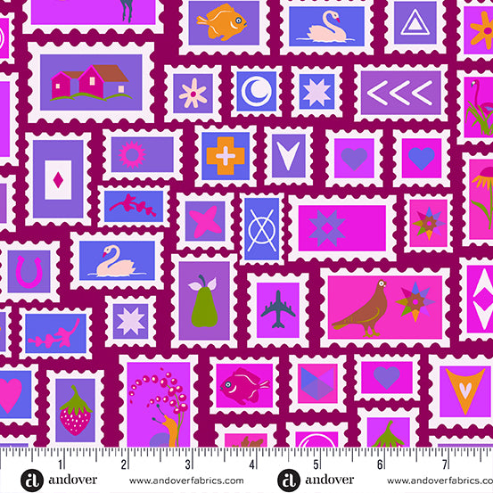 Manufacturer: Andover Fabrics Designer: Alison Glass Collection: Postmark Print Name: Collector in Amethyst Material: 100% Cotton  Weight: Quilting  SKU: A-1125-P Width: 44 inches