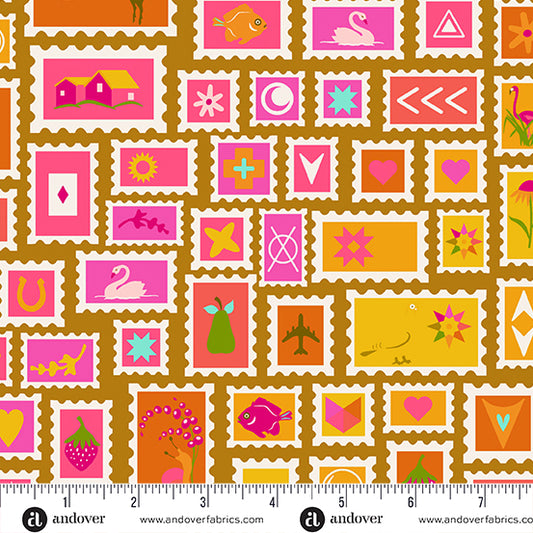 Manufacturer: Andover Fabrics Designer: Alison Glass Collection: Postmark Print Name: Collector in Sunrise Material: 100% Cotton  Weight: Quilting  SKU: A-1125-Y Width: 44 inches