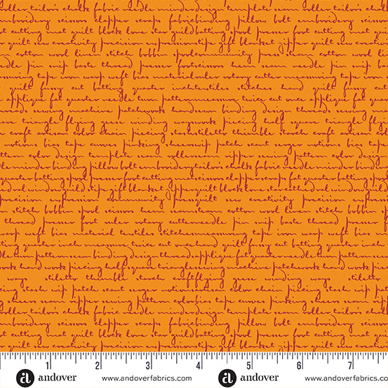 Manufacturer: Andover Fabrics Designer: Giucy Giuce Collection: Scrawl Print Name: Quilty Words in Tangerine Material: 100% Cotton Weight: Quilting SKU: A-1214-O Width: 44 inches