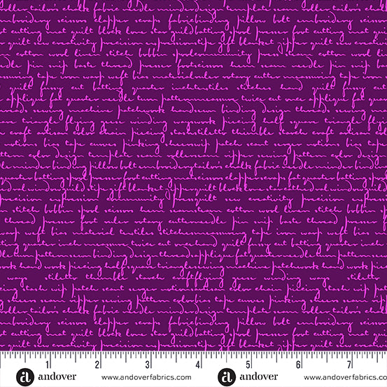 Manufacturer: Andover Fabrics Designer: Giucy Giuce Collection: Scrawl Print Name: Quilty Words in Purple Agate Material: 100% Cotton Weight: Quilting SKU: A-1214-P Width: 44 inches